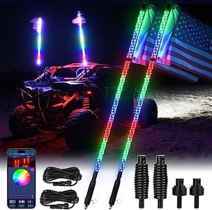 MICTUNING 2pc 3ft W1 Spiral LED Whip Lights with Flag, APP Control with RGB+IC Dream Flow Chasing Mode Multi-Colors Lighted Whips Compatible with ATV UTV RZR Trucks Dunes