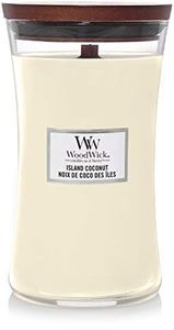 WoodWick grande bougie parfumée en jarre avec mèche qui crépite, Noix de coco des îles, Temps de combustion jusqu'à 130 heures