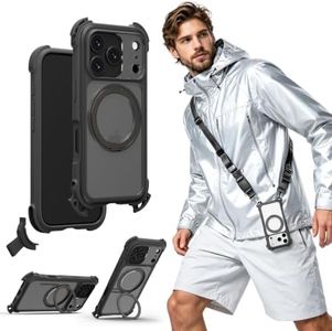 MAGEASY Odyssey Ultra MagSafe 360° Magnetic Stand iPhone 18 Pro & 17 Pro Crossbody Case with Strap for Men, 25ft Shockproof TPU + Aluminum Frame, Interchangeable Lanyard Eyelets (Midnight w/Kickstand)