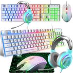 Gaming Keyboard Headset & Mouse Set, 104 Keys Rainbow Backlit UK Layout Keyboard 2400DPI Mouse 7.1 Surround Sound RGB Lightweight Honeycomb Headset Mouse Pad Combo for PS4 XBox(Need Adapter) White