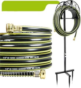 Wurzberge Freestanding Garden Hose Holder, Come with 50FT Water Hose 1/2", Heavy Duty Anti-Rust Hose Hanger for Outdoor Hose Storage