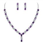 EleQueen Women's Silver-Tone Cubic Zirconia Oval Shape Leaf Bridal Necklace Earrings Set Amethyst Color