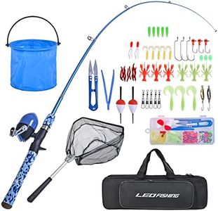 LEOFISHING Kids Fishing Pole Set with Full Starter Kits Portable Telescopic Fishing Rod and Spincast Reel with a Fishing Net and Bucket for Boys Girls and Youth (Blue)