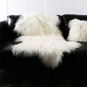 Genuine Tibetan Mongolian Sheepskin Fur Rug Hide Pelt Throw Rug Lamb Wool Carpet Curly Fur Used for Area Rug or Across Armchair，Ivory White