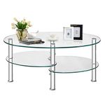 Multigot Tempered Glass Coffee Table, 3-Tier Cocktail Center Table with Open Shelf and Heavy-duty Steel Frame, Oval Snack Tea Sofa Side End Table for Living Room Office (Transparent)