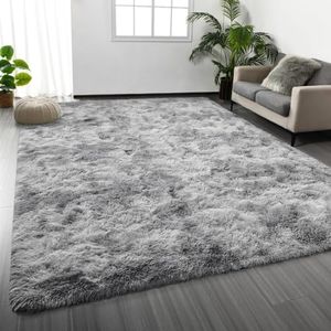 Deerhoo Large Shag Area Rugs 8 x 10, Tie-Dyed Plush Fuzzy Rugs for Living Room, Ultra Soft Fluffy Furry Rugs for Bedroom, Indoor Carpet Nursery Rugs for Kids Room Home Decor, Light Grey