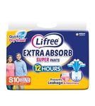 Lifree EXTRA ABSORB SUPER Adult Pants Unisex | Upto 12 Hours Absorption | Prevents Leakage & Heaviness 24-33inch : 60-85cm. (S, 10)