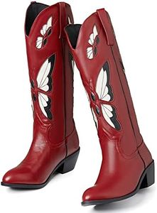 CYNLLIO Womens Cowgirl Boots Vintage Fashion Butterfly Embroidery Western Cowboy Boots Chunky Cork Heel Wide Mid Calf Boots Pull on Cosplay Shoes, 1red, 8 US