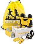 Adventure Kid Outdoor Exploration Kit, Yellow Backpack, Binoculars, Magnifying Glass, Lensatic Compass, Torch, Fox Whistle for Boys and Girls