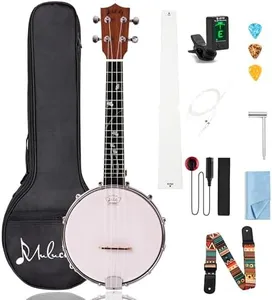 Mulucky 4-String Banjo Ukulele | Banjolele 23" Sapele Wood with Remo Head & Nylon Strings | Dark Brown Travel Kit (Bag, Tuner, Picks) - MBU-806