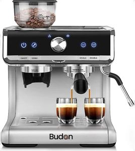 Budan Espresso Machine and Coffee Machine with Built-In Grinder,1 Year warranty, silver, comes with Steel Tamper and milk Pitcher, Cappucino and Latte Coffee Maker