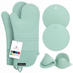 Rorecay Extra Long Oven Mitts and Pot Holders Sets: Heat Resistant Silicone Oven Mittens with Mini Oven Gloves Hot Pads Potholders for Kitchen Baking Cooking, Quilted Liner, Pack of 6 (Bermuda Teal)