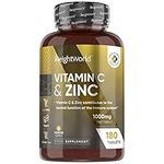 Vitamin C and Zinc Tablets - 6 Months Supply - 1000mg L-ascorbic Acid with Added Zinc - Natural Immunity Supplement (180 Vegan Tablets) - High Strength Vitamin C & Zinc Supplement for Adults