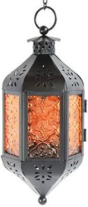 VELA LANTERNS Hanging Decor Moroccan Lamp Decorative Lantern Indoor Outdoor Candle Holder for Patio or Porch, Weddings, Halloween, Christmas, Amber Glass