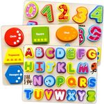 QUOKKA Wooden Puzzles for Toddlers 1-3 - Chunky Toddler Puzzles Ages 2-4 - Learning Travel Game with Numbers Alphabet Shapes - Wood Educational Gift for Boys and Girls