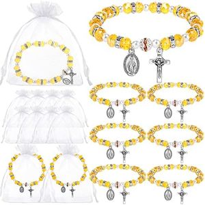 Fuutreo 30 Pieces Beaded Stretch Rosary Bracelet Baptism Favor Set 15 Pcs Crystal Catholic Bracelets Religious Rosary Bead Bracelet 15 Pcs White Organza Bag for Halloween Communion Party Wedding, One
