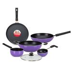 NAVRANG Non Stick Cookware Set of 5 Pcs | Nonstick Dosa Tawa 26 cm, Frypan 22 cm, Sauce Pan 16cm & Kadhai 22cm with Lid | Non-Induction - Purple (Combo - 3)