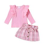 little baby Girl plaid skirt sets fall Outfits 3-4 years old long Sleeve pink Tshirt tops belt 3pcs baby winter clothes