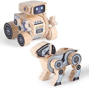 SainSmart Jr. 2-in-1 STEM Kits, Wooden Robot Assembly Toy Set, Woodworking Crafts Projects for Kids, Gift for Boys and Girls