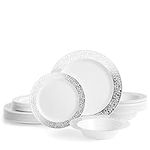 MATANA 75 Pcs White Plastic Tableware Set with Silver Lace Border - 25 Dinner Plates, 25 Side Plates, 25 Bowls - Elegant & Reusable Dinnerware for Parties, Wedding, Birthday, Picnic