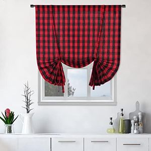GlowSol Tie Up Kitchen Curtains Rod Pocket Buffalo Plaid Sheer Curtains 63 Inches Length Adjustable Shade Gingham Check Tie Up Drapery Red/Black, 42×63, 1 pcs