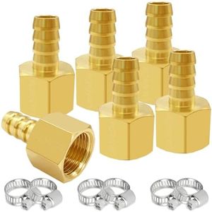 Uenede 6PCS Brass Hose Barb Fittings 1/4" NPT Female to 1/4" Barb Adapter Connector Include 6 Stainless Steel Clamps for Water/Oil/Gas