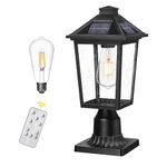 Solar Lamp Post Light, HWH Dusk to Dawn Outdoor Post Light Fixtures with Pier Mount Base, 2700K Exterior Pillar Lantern Pole Lamp Remote Control, Black Finish with Seeded Glass, 5HX64P-SL BK