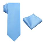 KOOELLE Mens Tie Set Solid Color 3.15" (8CM) Formal Tie and Pocket Square Set For Men, 013-light Blue, Medium