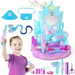 deAO Pretend Play Girls Vanity Set, Portable Makeup Kits with Lights and Sounds, Kids Beauty Salon Set with Real Mirror, Princess Vanity Dressing Table for 3+ Years Old Girls Toddlers