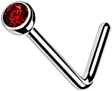 FIFTH CUE Solid Grade 23 Titanium Press Fit Cubic Zirconia 2mm Micro Ball Top L bend Stud Nose Ring (20G RED)