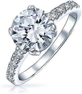 Personalize AAA CZ Round Brilliant Solitaire Engagement Ring For Women .925 Sterling Silver Cubic Zirconia Pave Side Stone 2MM Band Customizable