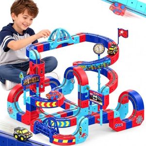 Electric Train Set for Kids, Spider 3D Anti-Gravity Flexible Race Track with 2 Electric Train, Traffic Signs, Educational STEM Toys for 3 4 5 6 7 8 Year Old Boys Girls Birthday Gifts (112PCS)