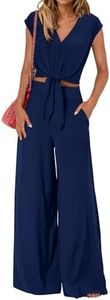 PRETTYGARDEN Women's Summer 2 Piece Outfits 2024 Cap Sleeve V Neck Belted Crop Tops Wide Leg Pant Sets Casual Tracksuit, Solid Dark Blue, Small