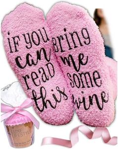 "If You Can Read This Bring Me Some Wine" - Funny Socks with Cupcake Gift Packaging - Thermal Fuzzy Warm Cotton For Wife Women Hostess Housewarming Novelty Romantic Birthday Present Or Wine Lover