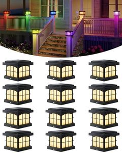PARTPHONER RGBCW Solar Post Lights 12-Pack, 9 Colors 3 Modes Fence Cap Lights, Bright Solar Lights Outdoor Waterproof LED Deck Lighting for Fence Garden Deck Patio Porch Decor 4x4 Vinyl/Wood, Black