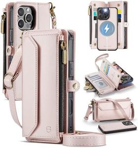 Strapurs for iPhone 16 Pro Detachable Wallet Case Compatible with Magsafe, RFID Blocking 9-Card Holder Zipper Wrist Strap Lanyard PU Leather Magnetic Phone Case for iPhone 16 Pro 6.3", Rose Gold