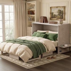 Softa Queen Murphy Bed Cabinet with Mattress Included, 6" Tri-Fold Mattress, Storage Drawer & Charging Station, 1200 Lb Heavy Duty Wood Wall Bed with Fold-Down Desk for Guest Room & Home Office