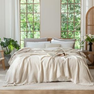 MooMee Muslin Blanket - 100% Cotton 4-Layer Gauze Throw Blanket with All-Around Fringe, Ultra-Soft Breathable Lightweight Cooling Decorative for Bed, Sofa & Couch (Beige,Super King 108" x 98")