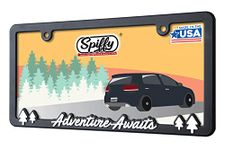 Spiffy License Plate Frame Adventure Awaits for US/CAN Vehicles Matte Finish with Vibrant Raised Lettering | Weatherproof Polyurethane | Strong Securing Clips | Original Design | Made in The USA