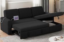 Yaheetech Sectional Sofa L-Shaped Sofa Couch Bed w/Chaise, Reversible Couch Sleeper w/Pull Out Bed & Storage Space, 4-seat Fabric Convertible Sofa, Pull Out Couch, Suitable for Living Room Black