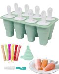 BIQIQI Foldable Ice Lolly Moulds, 8 Grids Silicone Ice Moulds, Come with 20pcs Popsicle Bags, BPA Free, DIY Popsicle Moulds Set with Funnel and Cleaning Brush (Green)