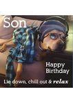 Paper Rose Photographic 'Son' Birthday Greeting Card - from The Funny Animals Range - Dog in Glasses, Shirt and Headphones Listening to Music - for Him