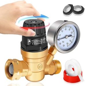 Adjustable Handle RV Water Pressure Regulator with Gauge, Upgraded Lead-Free Brass Water Pressure Regulator for RV Camper, Hose Pressure Regulator Reducing Valve, Fit for RV Camper Travel Trailer