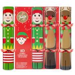 10 Christmas Crackers - Elf And Reindeer Design 12" Crackers With Party Hat, Bangers Snaps, Joke And Gift Inside Each - Eco Friendly As Christmas Table Gifts Or Crackers For Christmas Tree