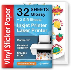Premium Printable Vinyl Sticker Paper for Inkjet & Laser Printer - 32 Sheets Self-Adhesive Sheets Glossy White Waterproof, Dries Quickly Vivid Colors, Holds Ink well- Tear Resistant (Glossy)