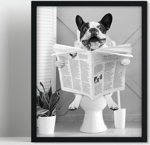 Biufo Framed Wall Art Dog on Toilet Wall Decor Canvas Print Poster Black White Picture for Bathroom Bedroom (8"x10")