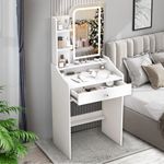 Udekoo White Vanity Desk with Mirror and Lights, HD Glass Top LED Lighted Makeup Vanity Mirror with 3 Level Open Shelves Dressing Table for Bedroom Apartment