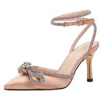 VETASTE Women's Double Bow Pointed Toe Ankle Strap Crystal Pumps Wedding Bridal Party Stilettos Backless Satin Heeled Sandals, Khaki, 7.5