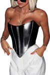 ABMOIU Sexy Corset Tops for Women Strapless Aesthetic Bodyshaper Lace Up Boned Sweetheart Y2K Bustier Crop Top, Black, Medium