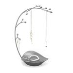 Umbra Orchid Jewelry Hanging Tree Stand - Multi-Functional Necklace Holder Display Organizer Rack With a Ring Dish Tray, Gun Metal, 15"L x 5.5"W x 9"H